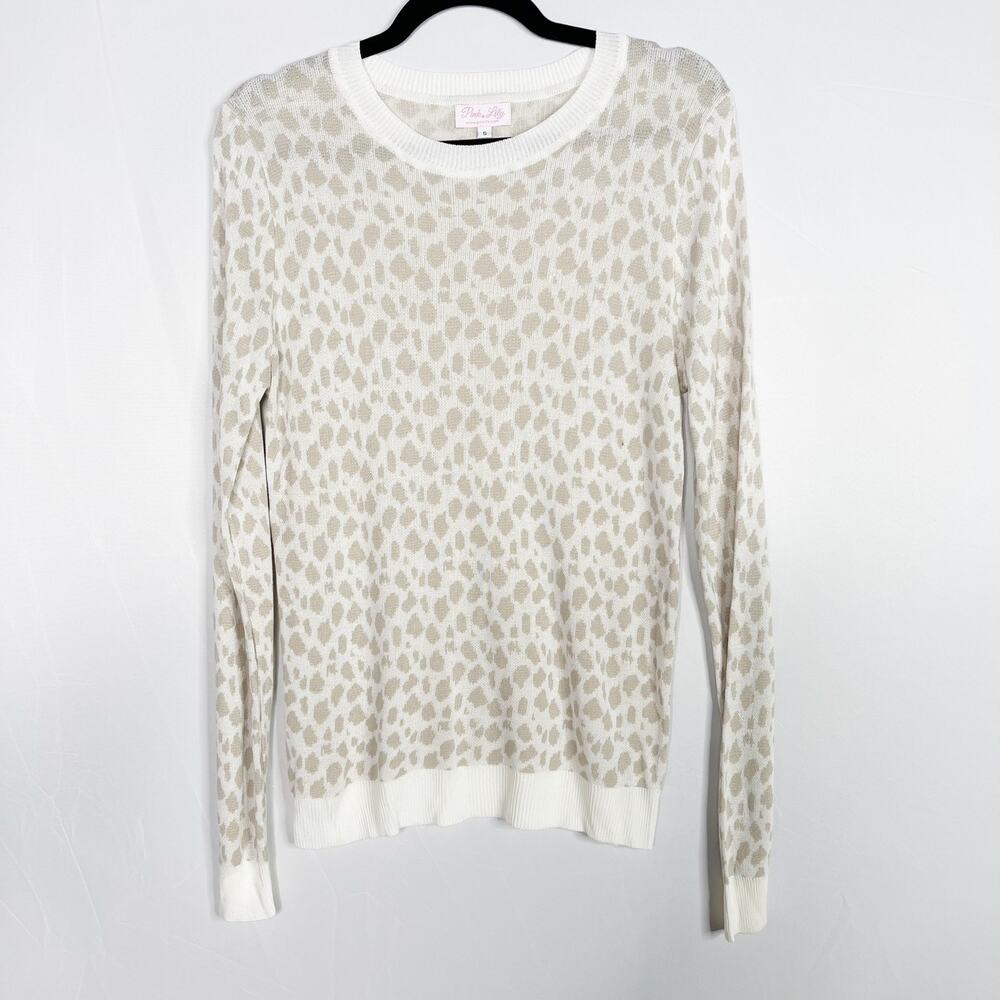 Pink Lily Small S Cream Brown Leopard Print Crew Neck Sweater Lightweight